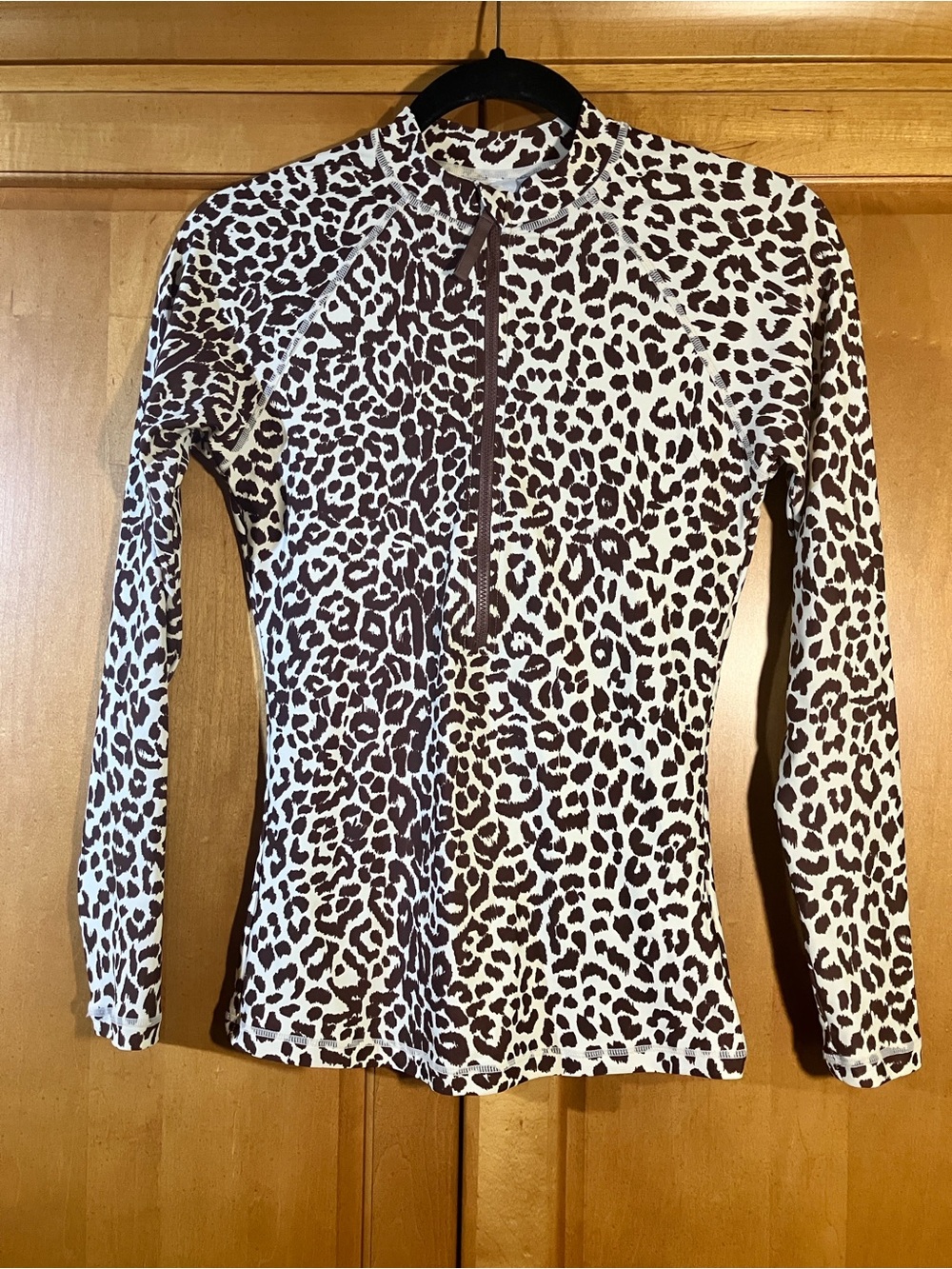 J. Crew Brown and White Leopard Zip-Front Long-Sleeve Swim Coverup